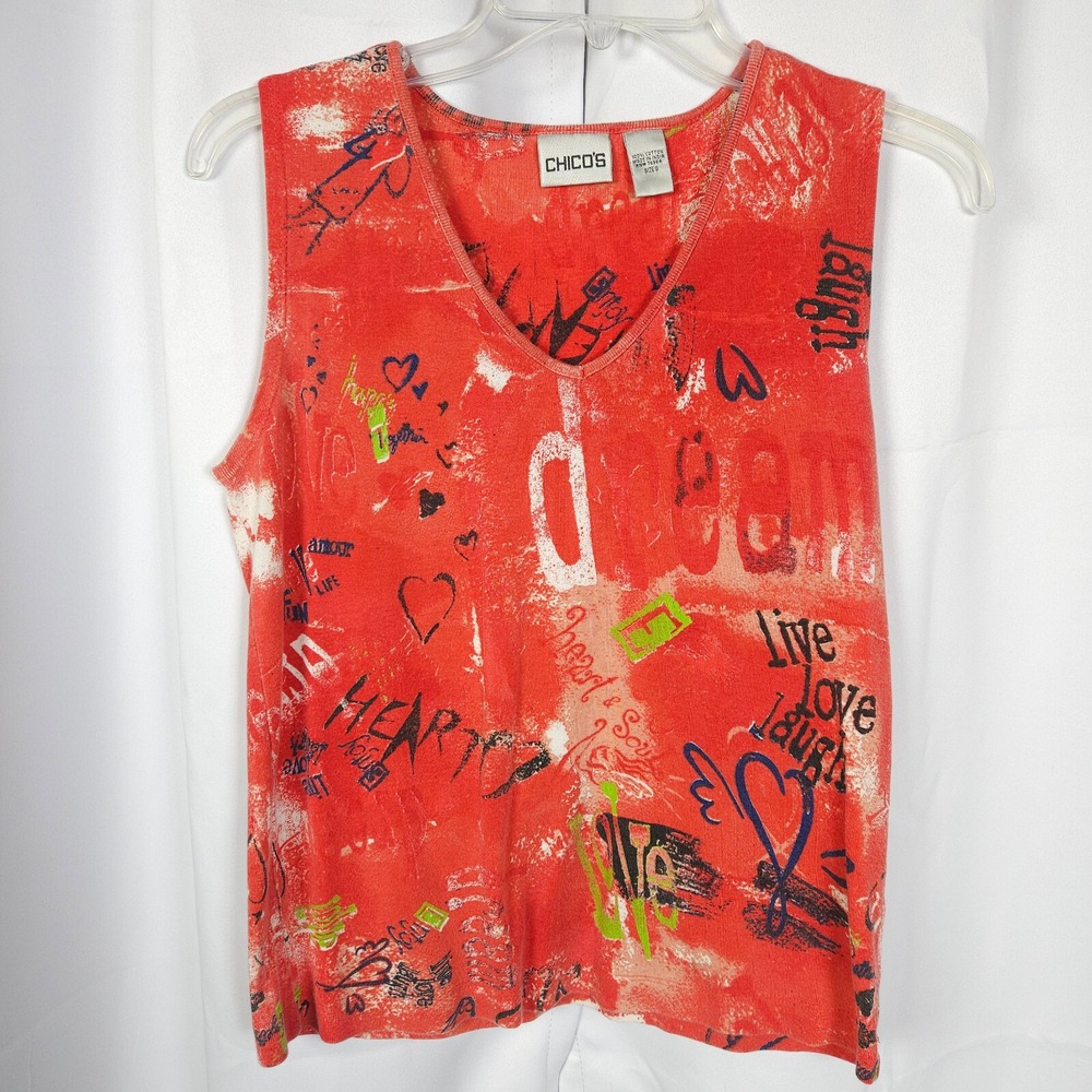 Chico's Red Live Love‎ Laugh Heart Graphic Tank Top Women's 0 US 4